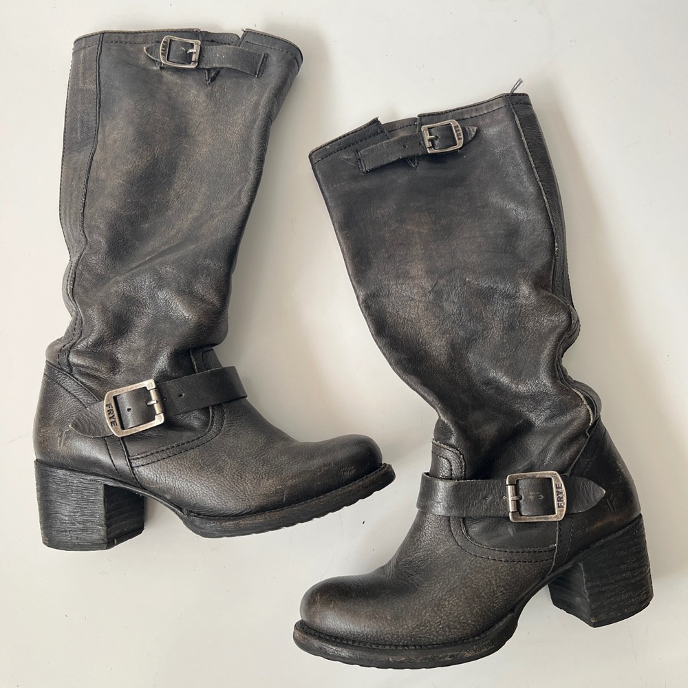 Vintage Frye Slouch Campus Boots Size 8 Black Leather Moto Biker Knee High Tall - Picture 7 of 14
